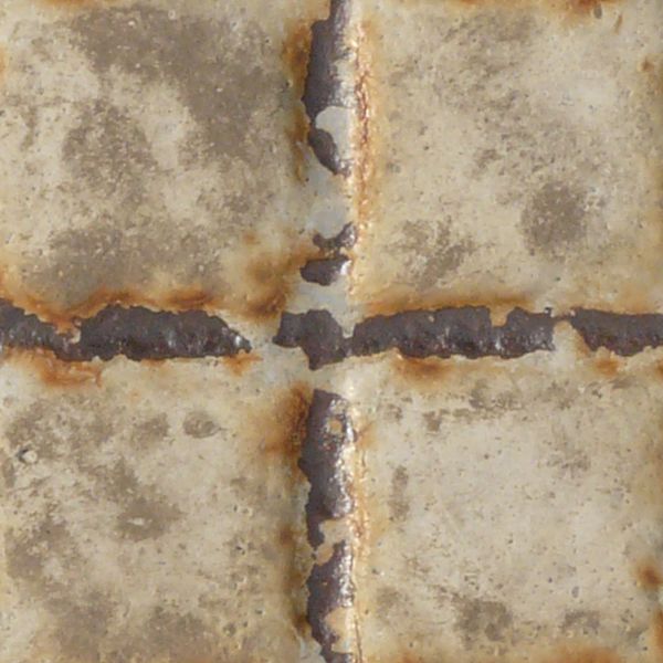 Old, seamless texture of metal tread with gridded pattern on worn surface.